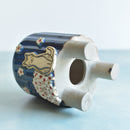 Cobalt Blue Handmade Ceramic Succulent Pot with Cat and Flowers Approximately 3.5”