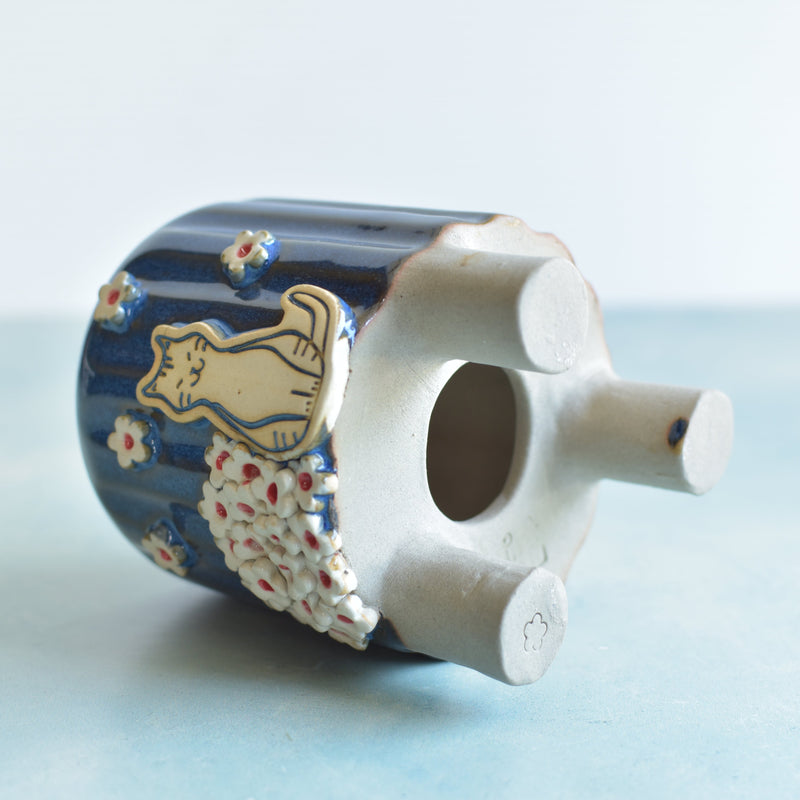 Cobalt Blue Handmade Ceramic Succulent Pot with Cat and Flowers Approximately 3.5”