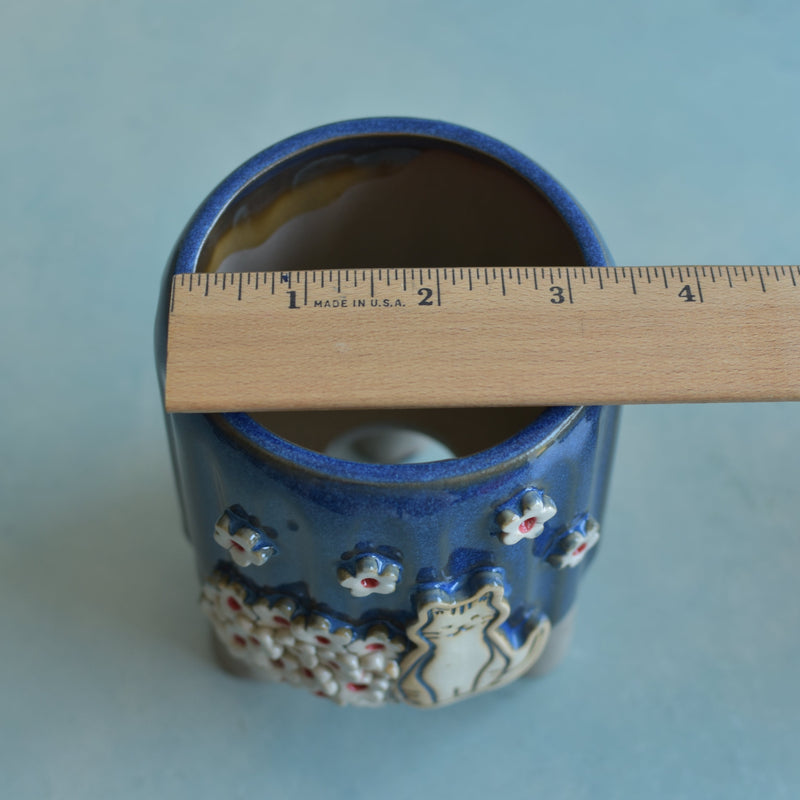 Cobalt Blue Handmade Ceramic Succulent Pot with Cat and Flowers Approximately 3.5”