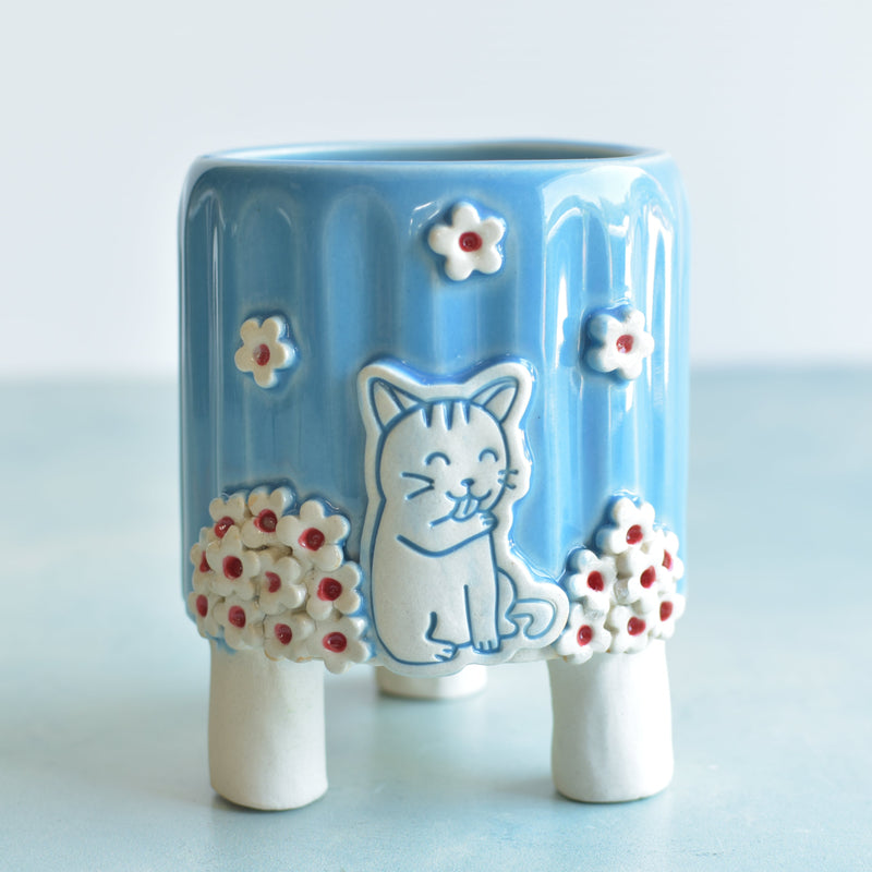 Sky Blue Handmade Ceramic Succulent Pot with Cat and Flowers Approximately 3.5”