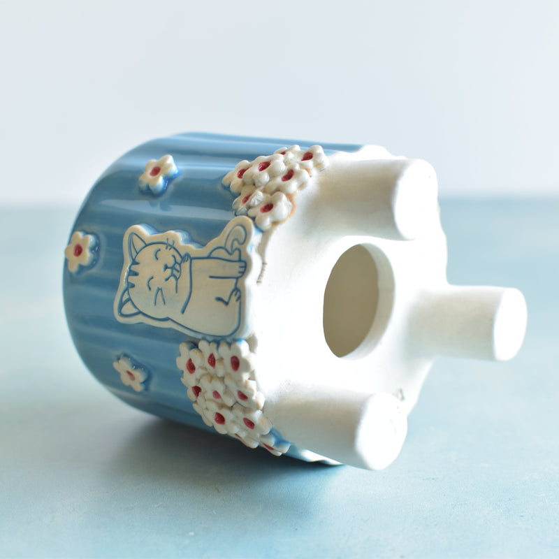 Sky Blue Handmade Ceramic Succulent Pot with Cat and Flowers Approximately 3.5”