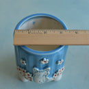 Sky Blue Handmade Ceramic Succulent Pot with Cat and Flowers Approximately 3.5”