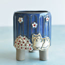 Cobalt Blue Handmade Ceramic Succulent Pot with Cat and Flowers Approximately 3.5”