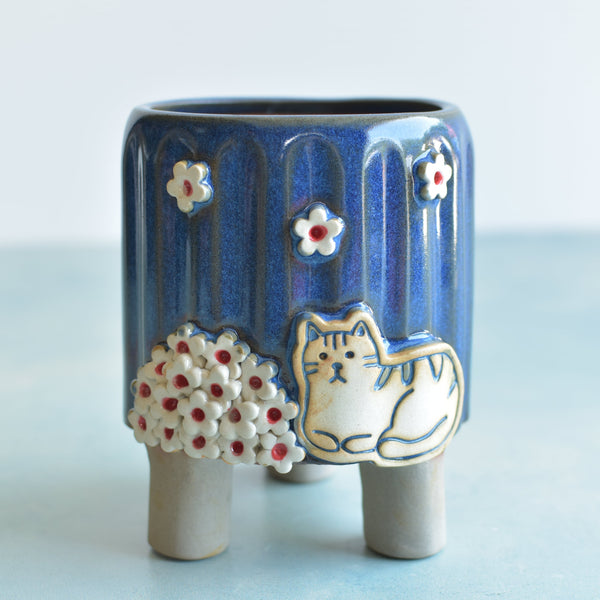 Cobalt Blue Handmade Ceramic Succulent Pot with Cat and Flowers Approximately 3.5”