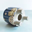Cobalt Blue Handmade Ceramic Succulent Pot with Cat and Flowers Approximately 3.5”