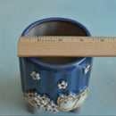 Cobalt Blue Handmade Ceramic Succulent Pot with Cat and Flowers Approximately 3.5”