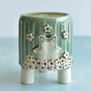 Green Handmade Ceramic Succulent Pot with Cat and Flowers Approximately 3.5”