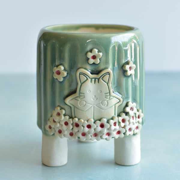 Green Handmade Ceramic Succulent Pot with Cat and Flowers Approximately 3.5”