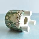 Green Handmade Ceramic Succulent Pot with Cat and Flowers Approximately 3.5”