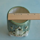 Green Handmade Ceramic Succulent Pot with Cat and Flowers Approximately 3.5”