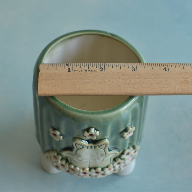 Green Handmade Ceramic Succulent Pot with Cat and Flowers Approximately 3.5”