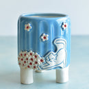 Sky Blue Handmade Ceramic Succulent Pot with Cat and Flowers Approximately 3.5”