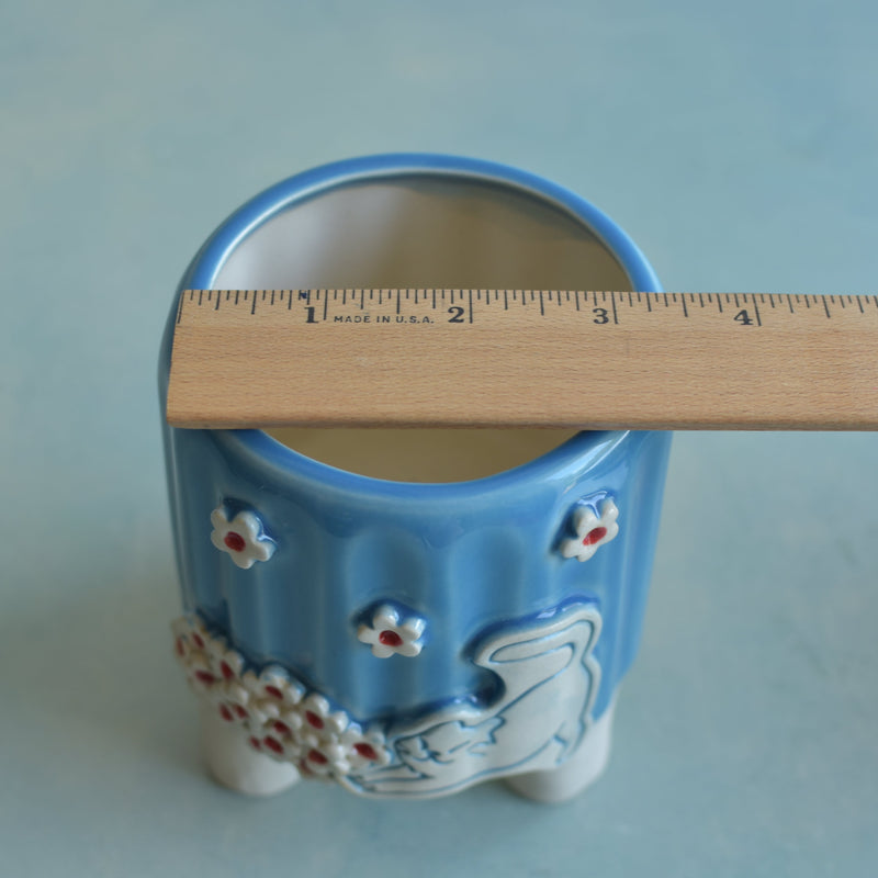 Sky Blue Handmade Ceramic Succulent Pot with Cat and Flowers Approximately 3.5”