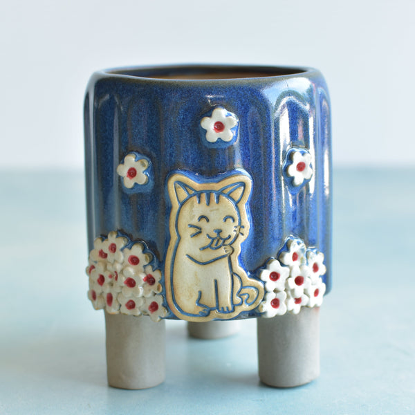 Cobalt Blue Handmade Ceramic Succulent Pot with Cat and Flowers Approximately 3.5”
