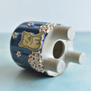 Cobalt Blue Handmade Ceramic Succulent Pot with Cat and Flowers Approximately 3.5”