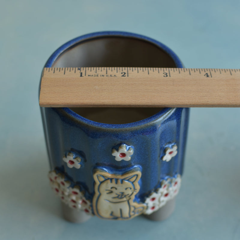 Cobalt Blue Handmade Ceramic Succulent Pot with Cat and Flowers Approximately 3.5”