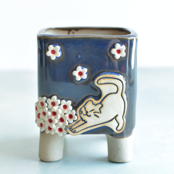 Cobalt Blue Handmade Ceramic Succulent Pot with Cat and Flowers Approximately 3.5”