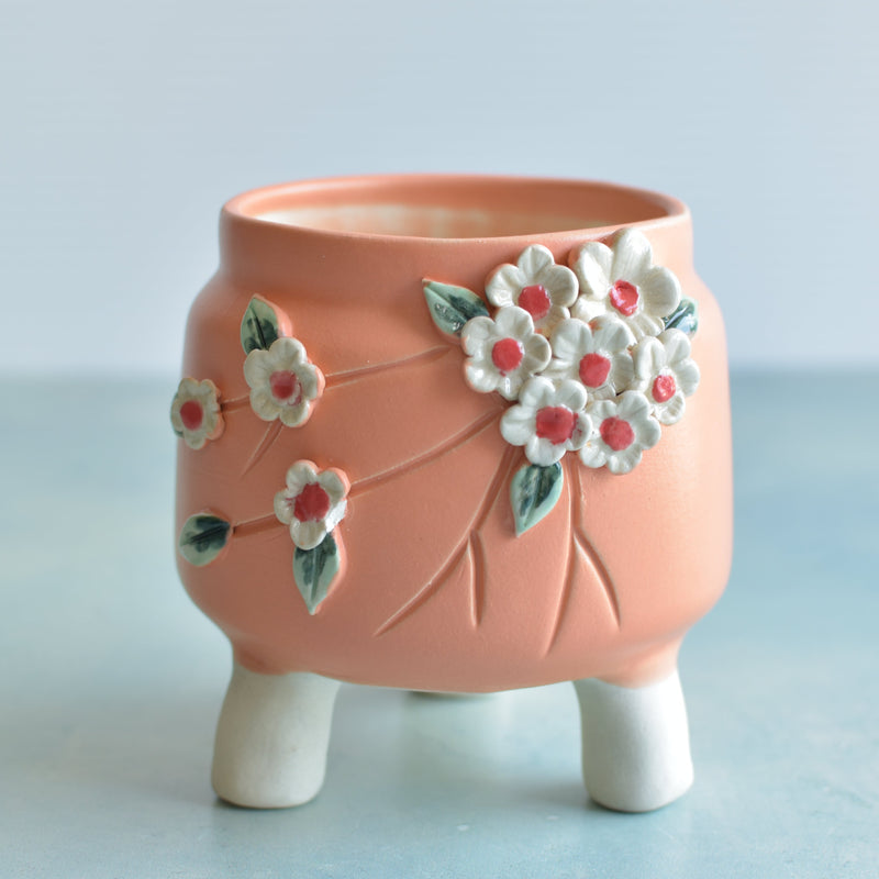 Matte Orange Handmade Ceramic Succulent Pot with Flowers Approximately 3”