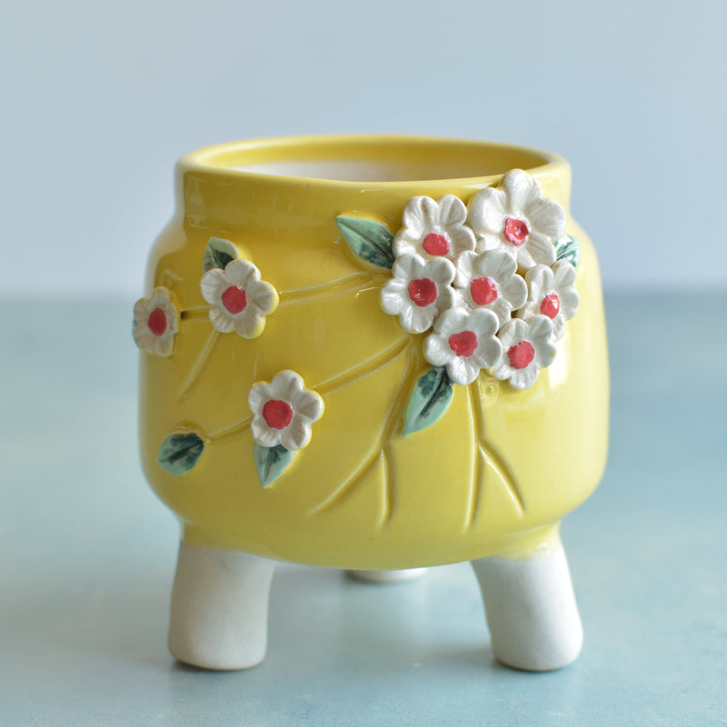 Yellow Handmade Ceramic Succulent Pot with Flowers Approximately 3”