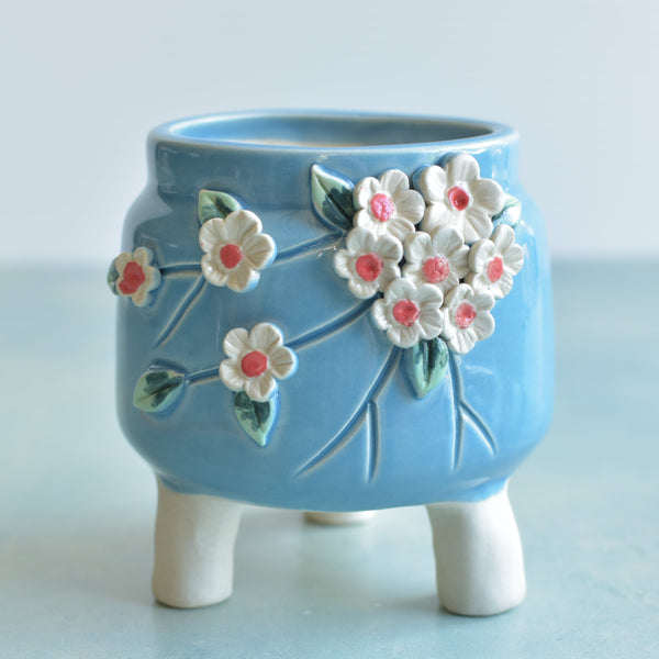 Sky Blue Handmade Ceramic Succulent Pot with Flowers Approximately 3”