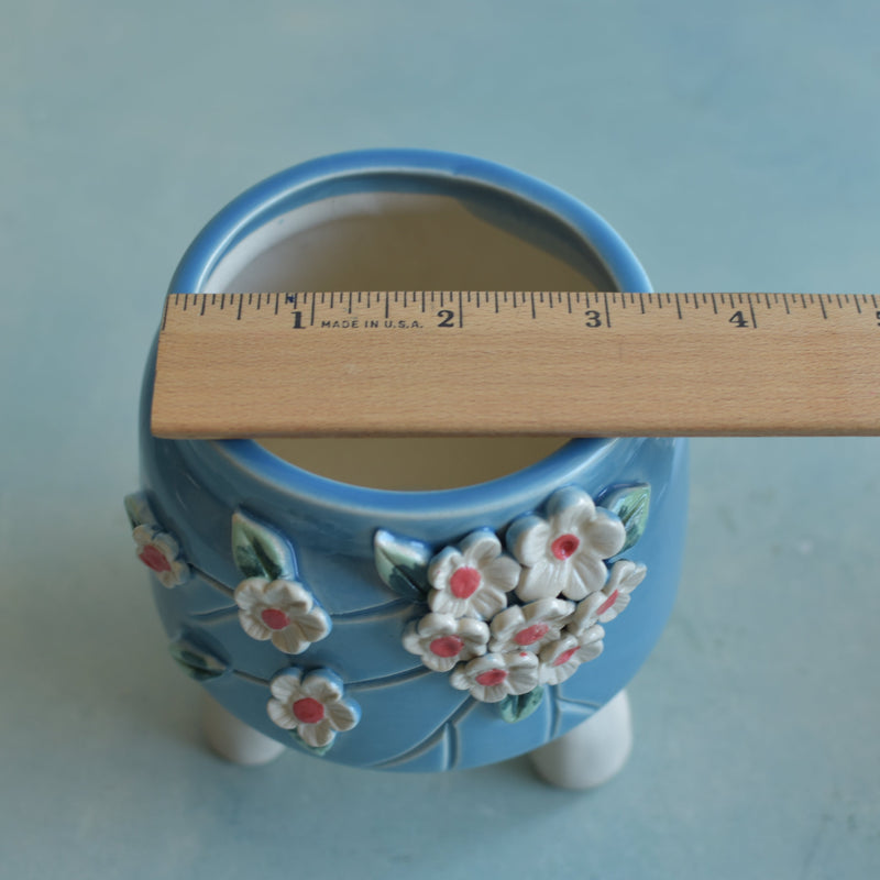 Sky Blue Handmade Ceramic Succulent Pot with Flowers Approximately 3”