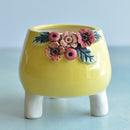 Yellow Handmade Ceramic Succulent Pot with Flowers Approximately 3.5”