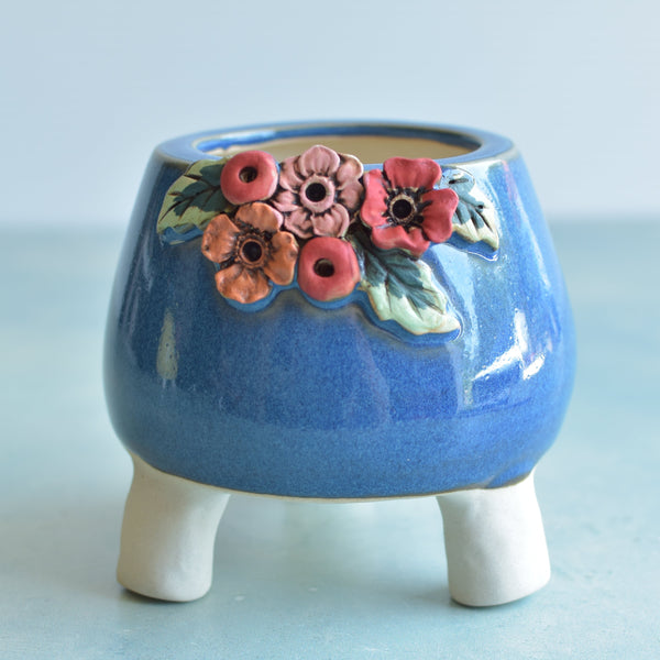 Cobalt Blue Handmade Ceramic Succulent Pot with Flowers Approximately 3.5”