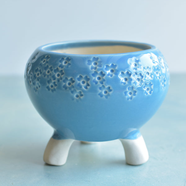 Sky Blue Handmade Ceramic Succulent Pot with Stamped Flowers Approximately 4”