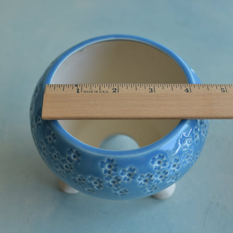 Sky Blue Handmade Ceramic Succulent Pot with Stamped Flowers Approximately 4”