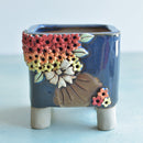 Cobalt Blue Handmade Ceramic Succulent Pot with Colorful Flowers Approximately 3.5”