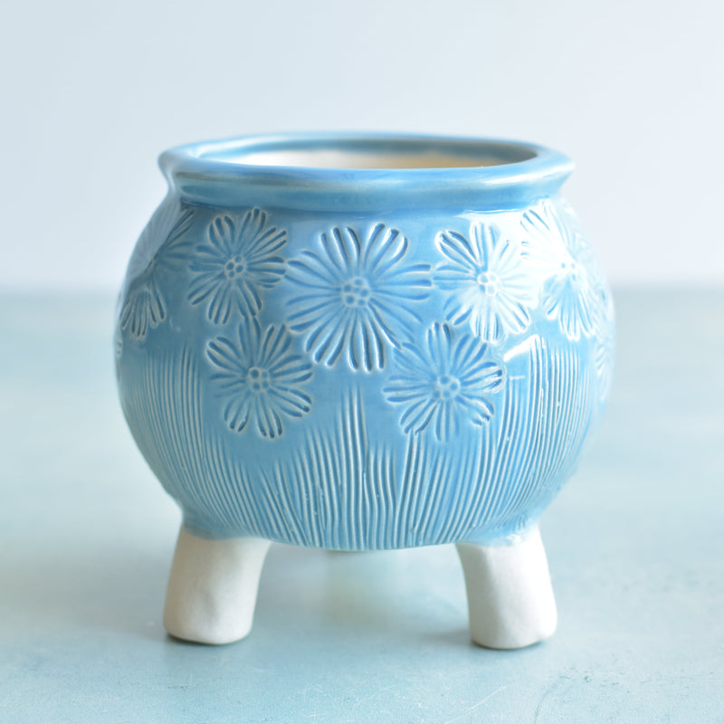 Sky Blue Handmade Ceramic Succulent Pot with Stamped Flowers Approximately 4”