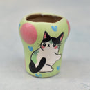 Hand Painted Green Ceramic Succulent Pot with Cat Approximately 2"