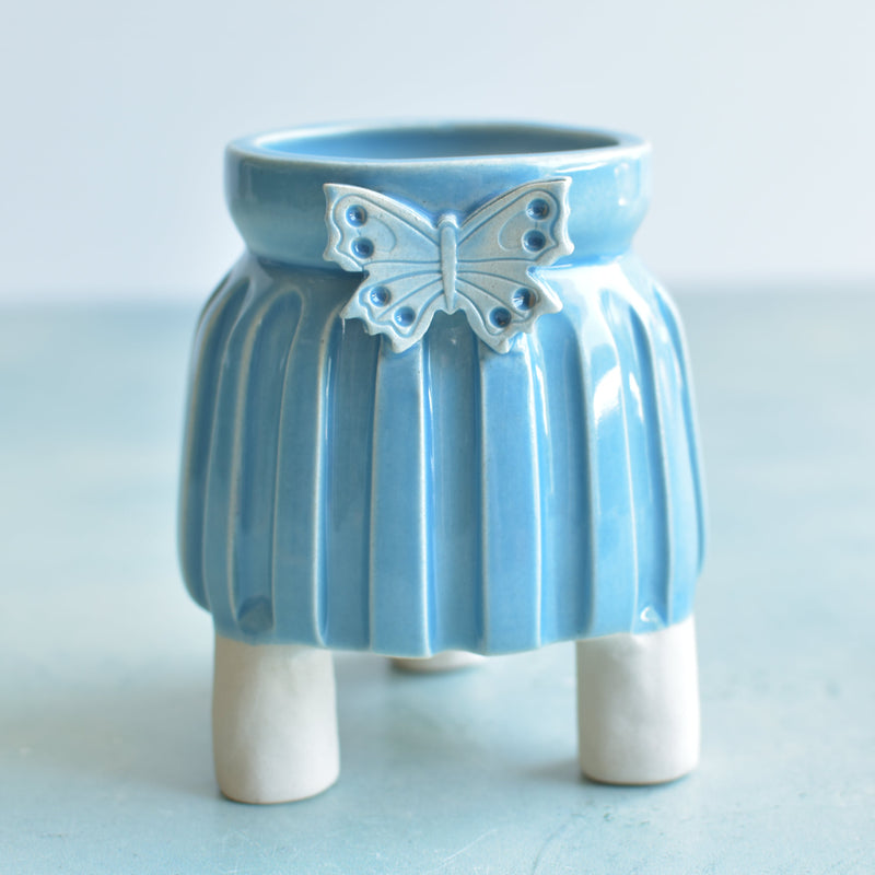 Sky Blue Handmade Ceramic Succulent Pot with Butterfly Approximately 3”