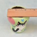 Hand Painted Green Ceramic Succulent Pot with Cat Approximately 2"