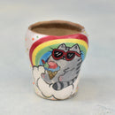 Hand Painted White and Rainbow Ceramic Succulent Pot with Cool Cat Approximately 2"