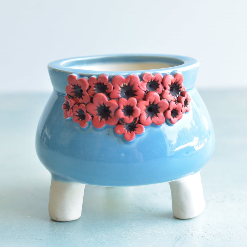 Sky Blue Handmade Ceramic Succulent Pot with Red FlowersApproximately 4”