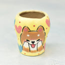 Hand Painted Yello Ceramic Succulent Pot with Blushing Dog Approximately 2"