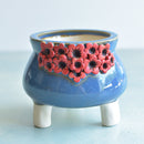 Cobalt Blue Handmade Ceramic Succulent Pot with Red Flowers Approximately 4”