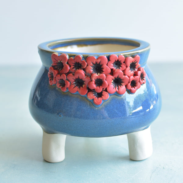Cobalt Blue Handmade Ceramic Succulent Pot with Red Flowers Approximately 4”