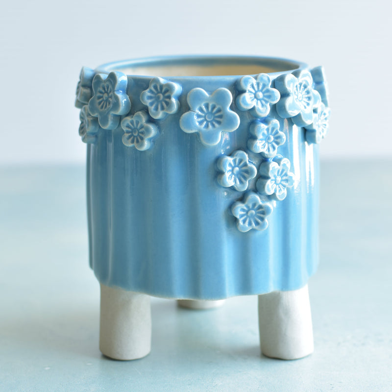 Sky Blue Handmade Ceramic Succulent Pot with Flowers Approximately 3.5” (Discounted Imperfection/Small Crack *See Photo*)