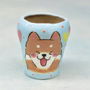 Hand Painted Blue Ceramic Succulent Pot with Excited Dog Approximately 2"