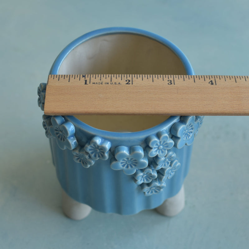 Sky Blue Handmade Ceramic Succulent Pot with Flowers Approximately 3.5” (Discounted Imperfection/Small Crack *See Photo*)