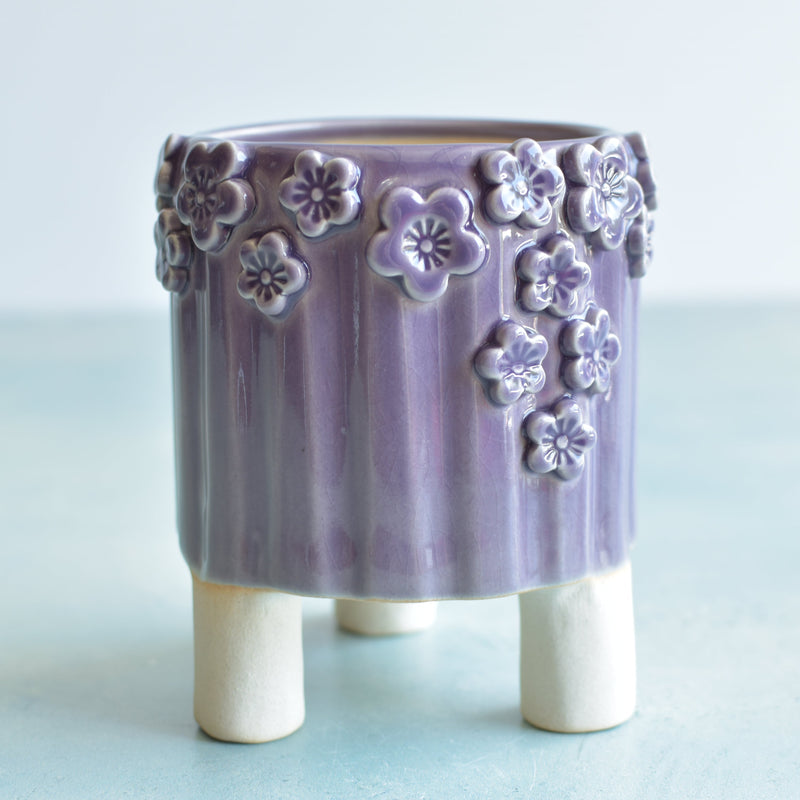 Purple Handmade Ceramic Succulent Pot with Flowers Approximately 3.5”