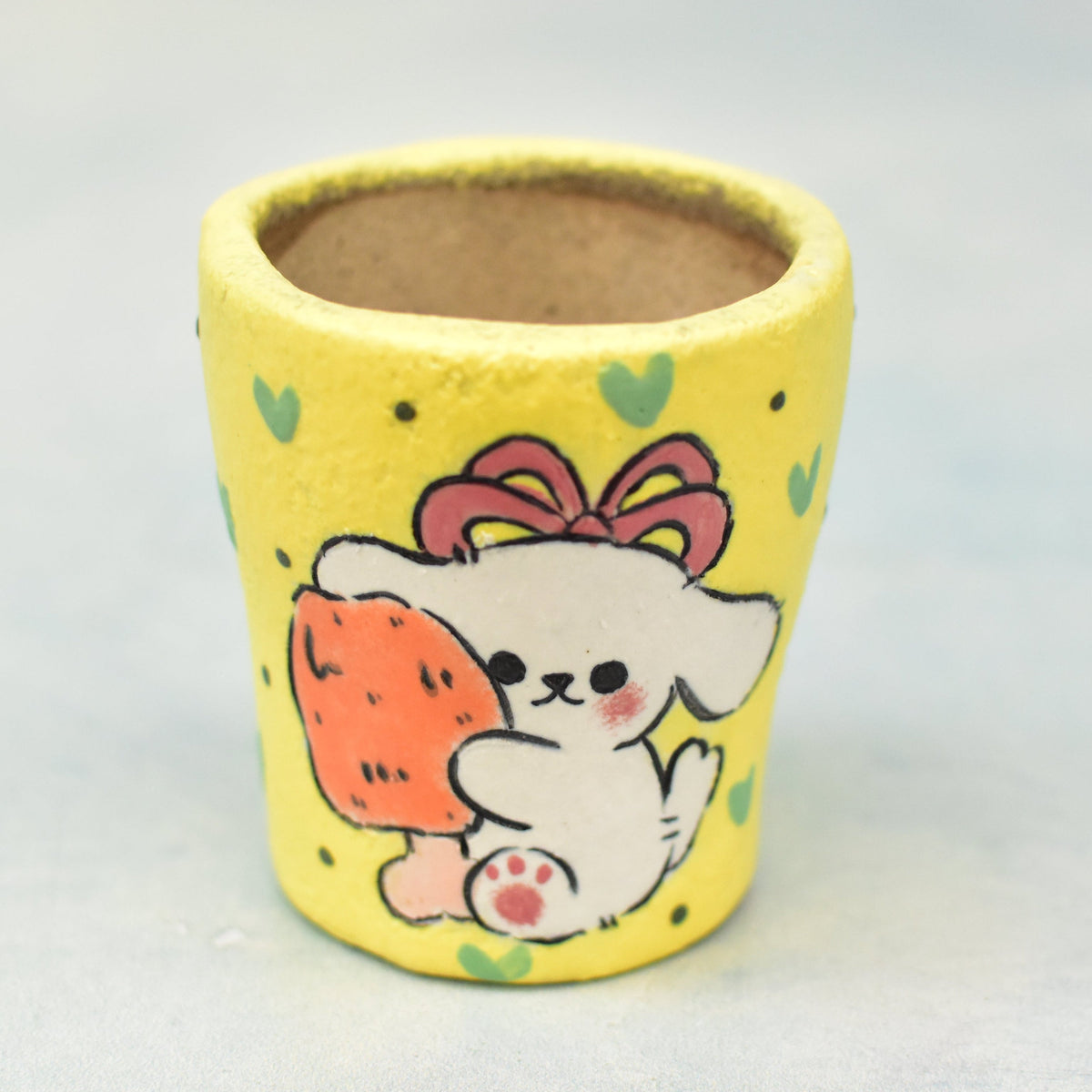 Hand Painted Yellow Ceramic Succulent Pot with Cute Dog Approximately 2"