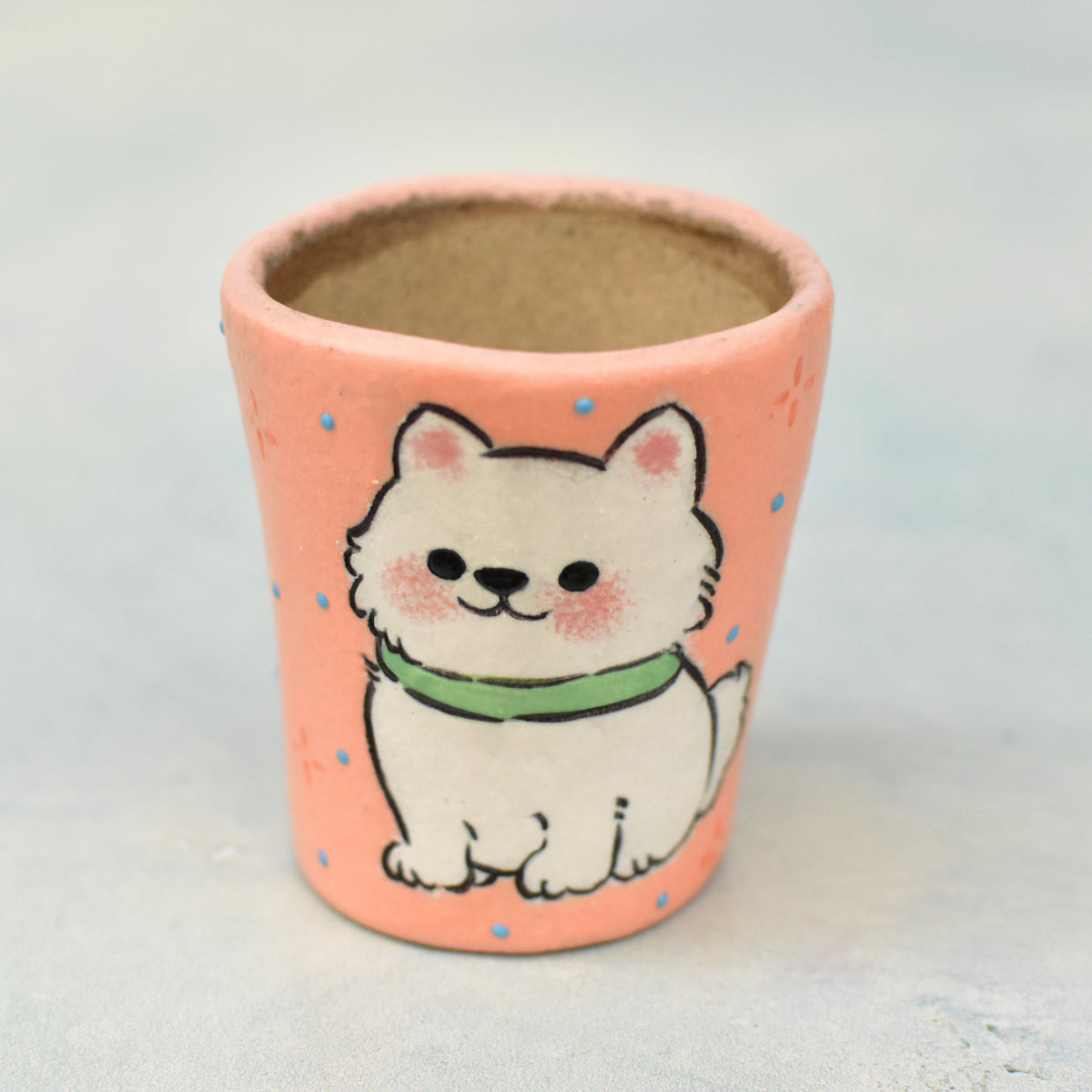 Hand Painted Orange Ceramic Succulent Pot with Polite Dog Approximately 2"