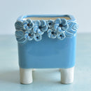 Sky Blue Handmade Ceramic Succulent Pot with Flowers Approximately 4”