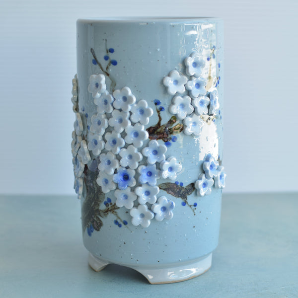 Tall Handmade Ceramic Succulent Pot with Blue Flower Bonsai Tree Approximately 4.5" Wide x 8.5" Tall