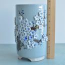 Tall Handmade Ceramic Succulent Pot with Blue Flower Bonsai Tree Approximately 4.5" Wide x 8.5" Tall