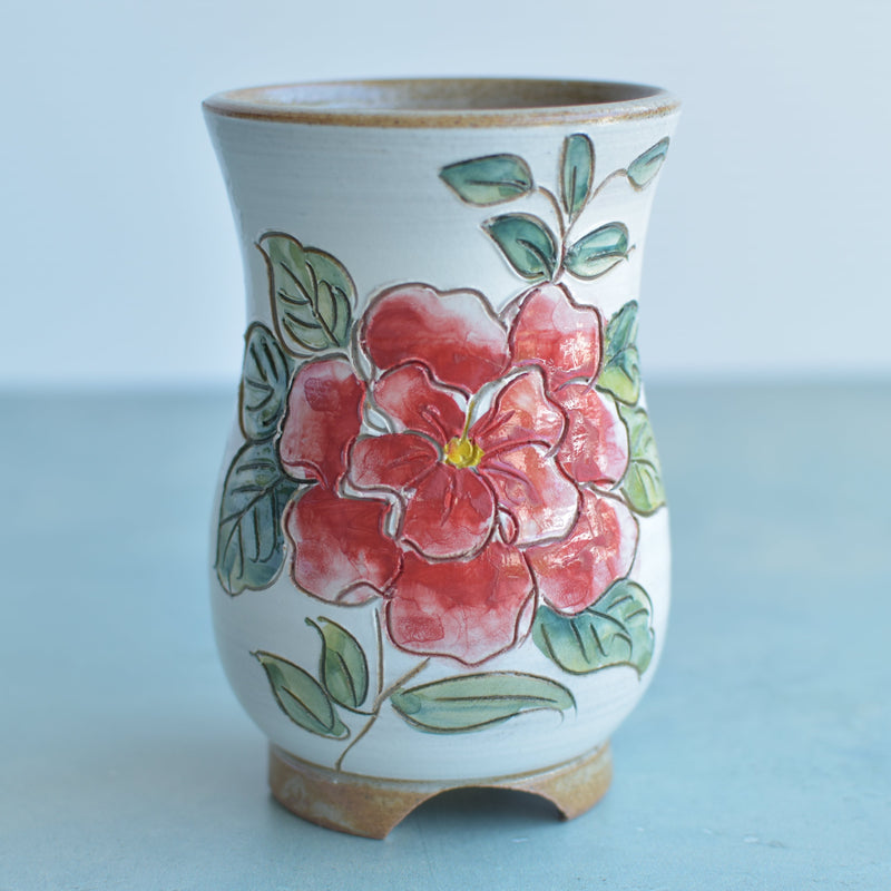 Handmade Ceramic Succulent Pot with Red Flower Approximately 3.5"