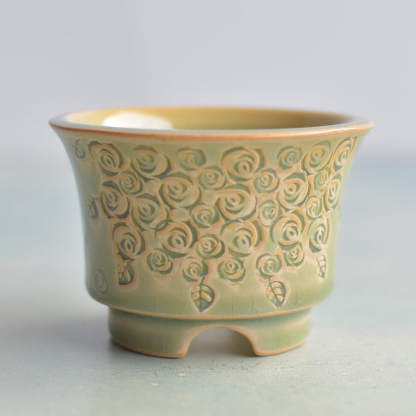 Green Handmade Ceramic Succulent Pot with Flower Design Approximately 3" (Toun Kiln Studio)